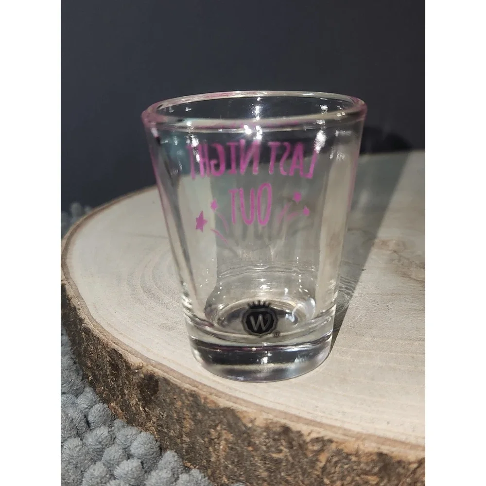 Bachelorette's Last Night Out Shot Glass Pink Lettering~Wedding~Engagement~Gift